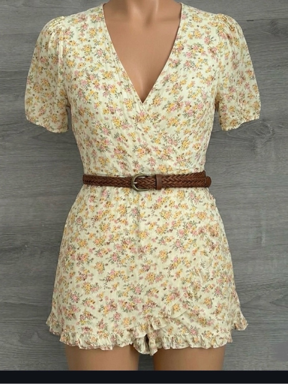 Reclaimed Vintage Yellow Ditsy Floral Wrap Tea Playsuit Romper S